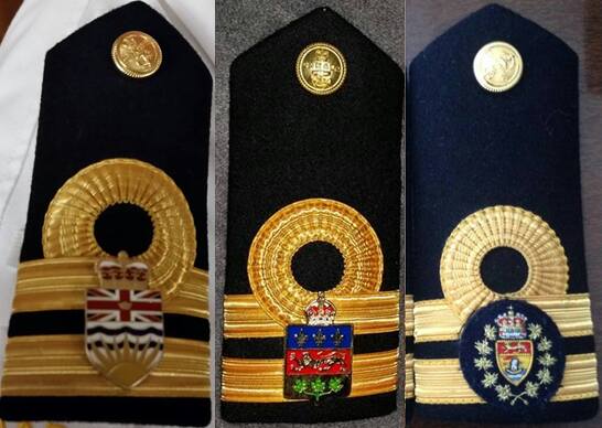 Royal Canadian Navy shoulder boards worn by honorary aides-de-camp to the lieutenant governors of British Columbia (left) Québec (centre) and New Brunswick (right)