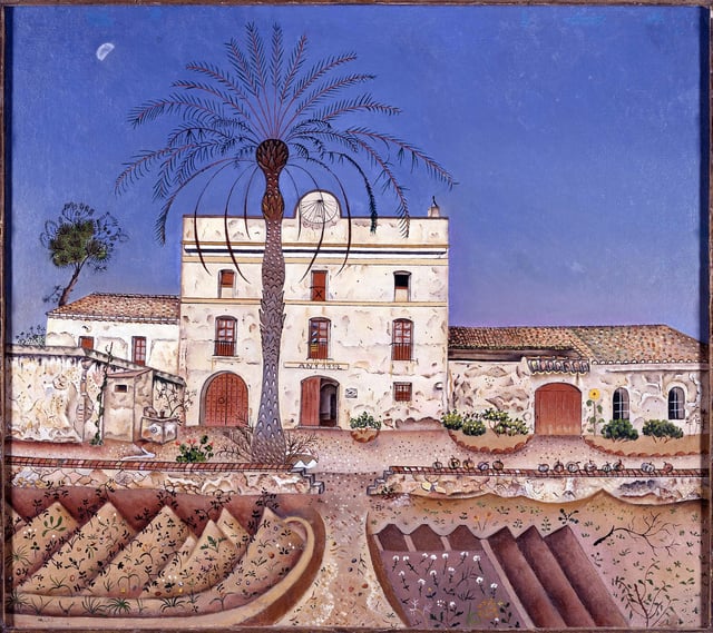 Joan Miró, 1918, La casa de la palmera (House with Palm Tree), oil on canvas, 65 x 73 cm, Museo Nacional Centro de Arte Reina Sofía. Exhibited at Galerie La Licorne, Paris, 1921, reproduced in the catalogue
