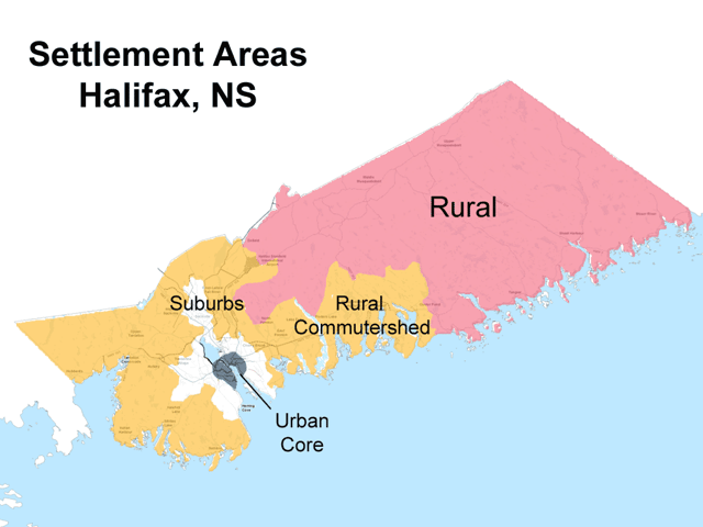 Urban, suburban, and rural divisions as defined by HRM planning department. The majority of Halifax is made up of rural areas.