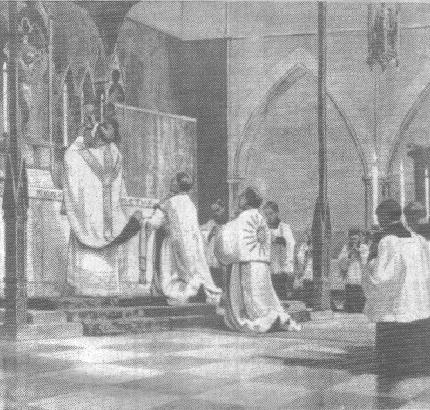 An eastward-facing Solemn High Mass, a Catholic liturgical phenomenon which re-emerged in Anglicanism following the Catholic Revival of the nineteenth century.