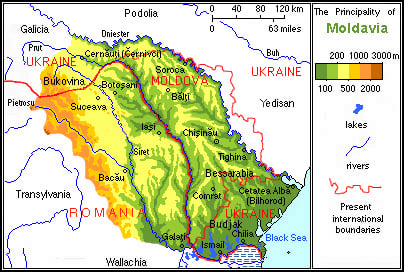 The Principality of Moldavia and the modern boundaries of Moldova, Ukraine, and Romania.