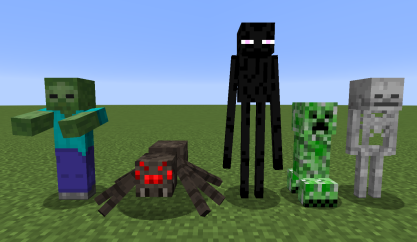 A few of the monsters in Minecraft, displayed from left to right: the zombie, spider, enderman, creeper, and skeleton.