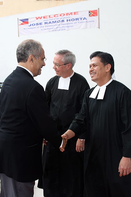 East Timor President, José Ramos-Horta (left) is greeted by Br. Victor Franco FSC (center) and Br. Armin Luistro FSC (right)