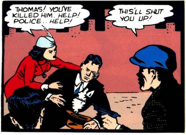 Thomas and Martha Wayne are shot by Joe Chill in Detective Comics #33 (Nov. 1939). Art by Bob Kane.