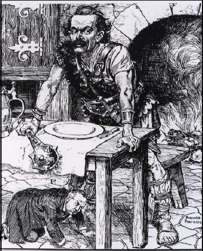 Cartoonist John Bernard Partridge depicts Lloyd George as a giant with a cudgel labelled "Budget" in reference to his People's Budget while Asquith cowers beneath the table, Punch 28 April 1909