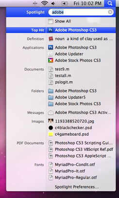 Spotlight menu performing a search for the word "adobe" in Mac OS X Leopard