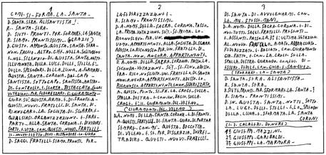 Formulas from the code of the 'Ndrangheta: The three handwritten pages describe the text for the speech held when a member is promoted to a higher ranking. The text reads awkwardly for a native speaker—it is composed in an uncertain Italian with many grammatical and orthographic mistakes.