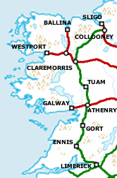 Map of the West of Ireland.Western Rail Corridor ex-GSWR line south of Limerick in green, other ex-MGWR lines are in red.