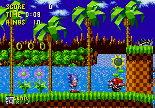 An in-game screenshot of Sonic the Hedgehog, taken from its first level, Green Hill Zone