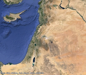 Satellite view of the Levant including Cyprus, Syria,  Israel, Jordan, Lebanon, Palestine and the Northern Sinai