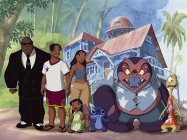 The main characters of Lilo & Stitch. From left to right: Cobra Bubbles, David Kawena, Nani Pelekai, Lilo Pelekai, Stitch, Dr. Jumba Jookiba, and Pleakley.
