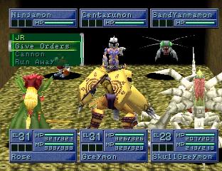 The player battles with three Digimon: Rosemon, WarGreymon, and SkullGreymon. The opponent's Digimon are Ninjamon, Centarumon, and SandYanmamon. Battling is an integral concept of the Digimon video game series and media franchise.