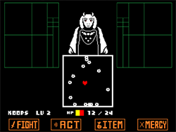 Undertale employs a bullet hell/turn-based hybrid combat system in which the player controls the heart, avoiding attacks from enemies in between fighting, acting, healing, or showing mercy.