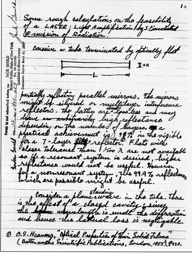 LASER notebook: First page of the notebook wherein Gordon Gould coined the LASER acronym, and described the elements for constructing the device.