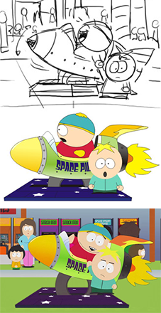 The various stages of production (from top to bottom): the storyboard sketch, the CorelDRAW props with stock character models, and a frame from the fully rendered episode, "Super Fun Time"