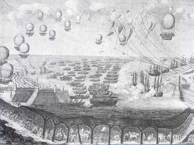 Cartoon on the invasion, showing a tunnel under the Channel and a fleet of balloons