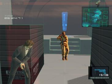 A screenshot from one of the training missions in Substance. Snake is dressed in a tuxedo.