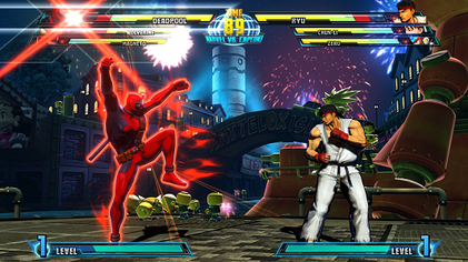 Deadpool battles Ryu on the Kattelox Island stage. Here, Deadpool activates his X-Factor, granting him and his team increased damage, speed, and health regeneration.