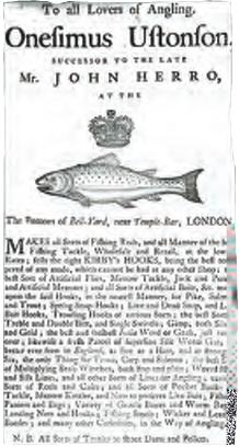 Trading card of the Ustonson company, an early firm specializing in fishing equipment, and holder of a Royal Warrant from the 1760s.