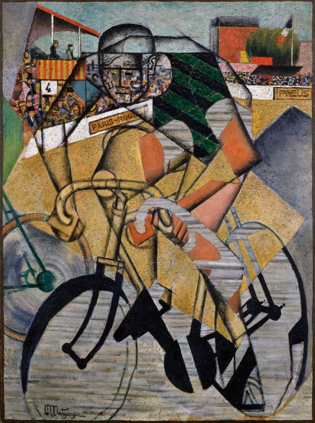 Jean Metzinger, 1912, At the Cycle-Race Track (Au Vélodrome), oil and sand on canvas, 130.4 x 97.1 cm, Peggy Guggenheim Collection. This painting illustrates the final meters of the Paris–Roubaix race, and portrays its 1912 winner Charles Crupelandt.
