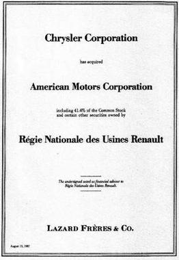 In 1987 Chrysler purchased American Motors from Renault