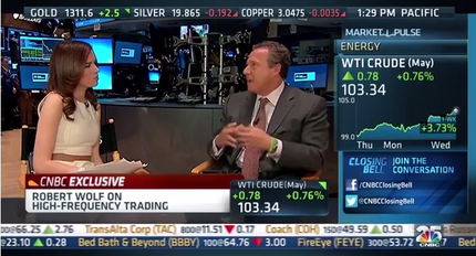 CNBC HD showing the additional green sidebar (right) showing additional market statistics, while the main show appears on the left. This format was used from its launch on October 10, 2007 through October 10, 2014. The screenshot above was taken during Closing Bell on April 9, 2014.