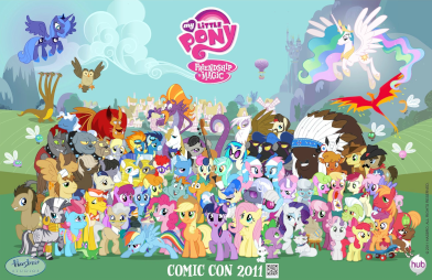 The cast of Friendship Is Magic, presented as a poster at the 2011 San Diego Comic-Con. Major characters include (mid-front row, starting sixth from left) Rainbow Dash, Pinkie Pie, Applejack, Twilight Sparkle, Fluttershy, Spike and Rarity. The poster also includes minor characters and those named by the fandom, including Derpy, DJ Pon-3, and Doctor Hooves.