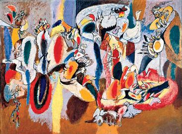 Arshile Gorky, The Liver is the Cock's Comb (1944), oil on canvas, 73​1⁄4 × 98" (186 × 249 cm) Albright–Knox Art Gallery, Buffalo, New York. Gorky was an Armenian-born American painter who had a seminal influence on abstract expressionism. De Kooning said: "I met a lot of artists — but then I met Gorky... He had an extraordinary gift for hitting the nail on the head; remarkable. So I immediately attached myself to him and we became very good friends."