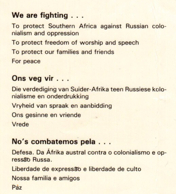 Apartheid-era propaganda leaflet issued to South African military personnel in the 1980s. The pamphlet decries "Russian colonialism and oppression".