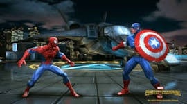 A gameplay screenshot shows Spider-Man (left) fighting Captain America (right) in the arena.