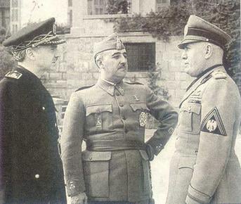 Francisco Franco (centre) and Serrano Súñer (left) meeting with Mussolini (right) in Bordighera, Italy in 1941. At Bordighera, Franco and Mussolini discussed the creation of a Latin Bloc.