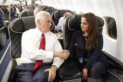 Adelle Nazarian shaking hands with Mike Pence the day before the 2016 U.S. Presidential election (November 7, 2016)