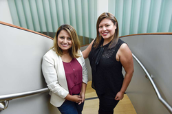 Carolina Huaranca, right, with Kapor Center's Chief Tech Community Officer Lili Gangas at the Kapor Center for Social Impact in Oakland, CA.