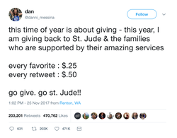 Tweet by Danni Messina about giving away money to St. Jude that has since gone viral.