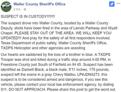 Image of the Facebook post by Waller County County Sheriff's office about the capturing of Darbrett Black.