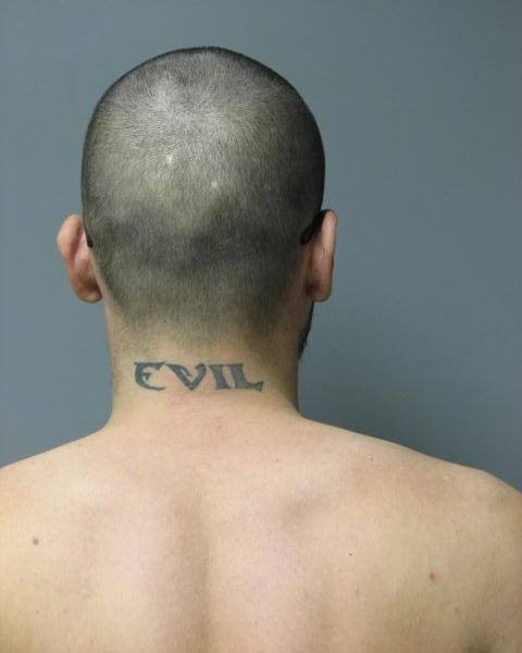 David Watson's "EVIL" tattoo on the back of his neck