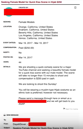 Screenshot of Prank Invasion's casting call for which Dayah Dover applied (scheduled for March 19, 2017)