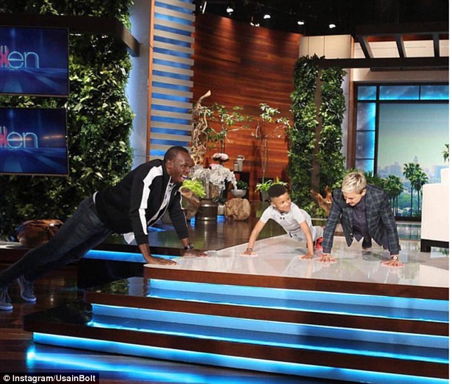 Demarjay Smith with Usain Bolt and Ellen DeGeneres