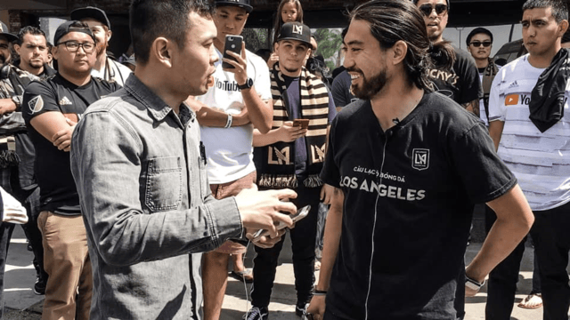 MC Gia Thành on set interviewing the first Vietnamese American soccer player on United States national soccer team Lee Nguyen of LAFC Los Angeles Football Club in 2019.