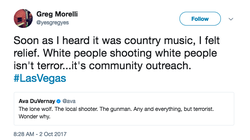 Tweet by Greg Morelli calling the Mandalay Bay Resort Shooting October 2017, "community outreach".