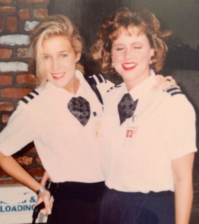 Photo of Heather when she was a younger flight attendant with her friend.