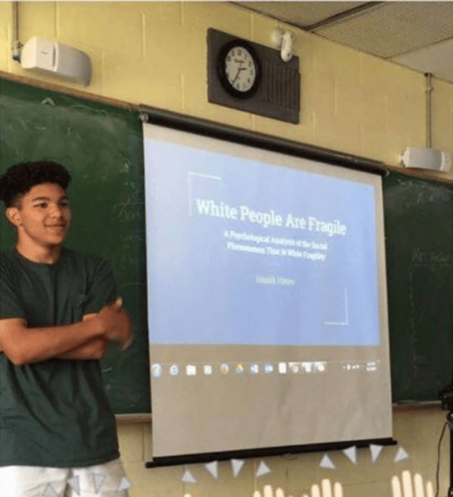 Photo of Hines when he presented his project about "White Fragility".