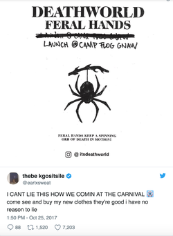The tweet about the launching of his clothing brand, Deathworld.