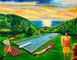 Palisades Pool Party (2019, Oil and acrylic on canvas, 48 x 60 inches)