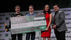 Jason Boehm (left) and Matt Salsamendi after winning the TechCrunch Disrupt competition