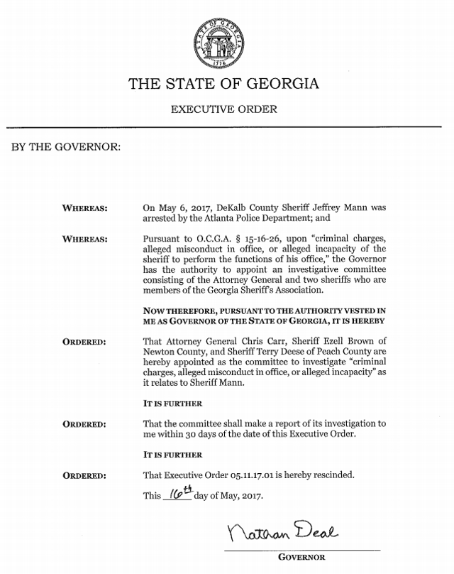 Revised executive order signed by Governor Nathan Deal to investigate Mann's conduct