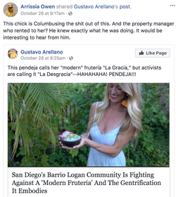 Facebook user showing disdain over Jenny Niezgoda's attempt for gentrifying a historically Chicano neighborhood. The user shares a post by Gustavo Arellano.