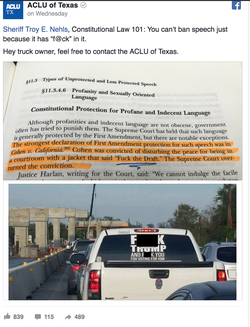 The ACLU of Texas offers to help Karen Fonseca on her 1st Amendment Rights.