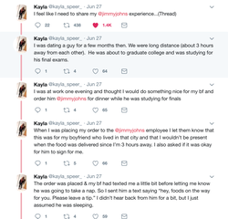 Tweet by Kayla Speer about her experience with Jimmy John.