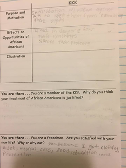 Kerri Robers' worksheet, asking her students, "You are a member of the KKK.